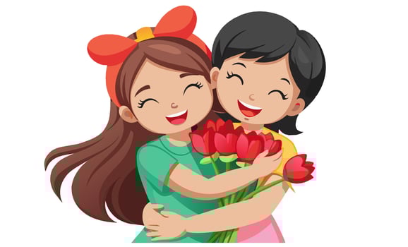 girl hugs mom, gives a bouquet of red tulips vector
