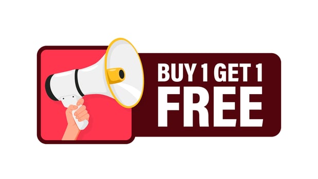 Buy One Get One Free. Buy 1 Get Free. Hand hold megaphone speaker for announce. Attention please. Shouting people, advertisement speech symbol vector