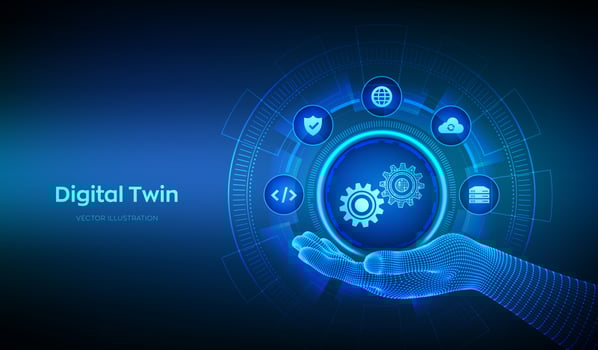 Digital twin business and industrial process modelling technology concept on virtual screen. Innovation and optimisation. Digital twin icon in wireframe hand. illustration. vector