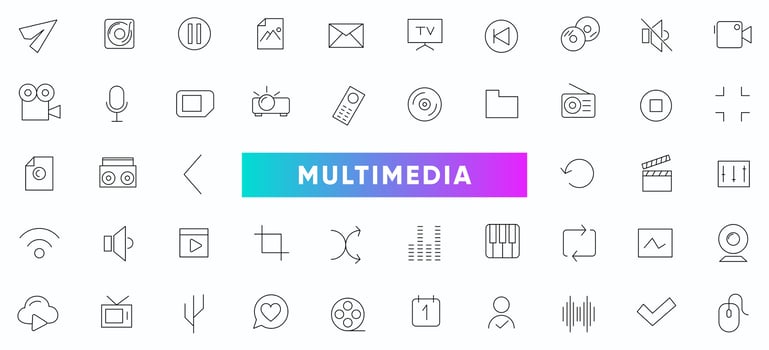 Multimedia, cinema and entertainment line icons set. Outline icon collection. Thin outline icons pack. vector