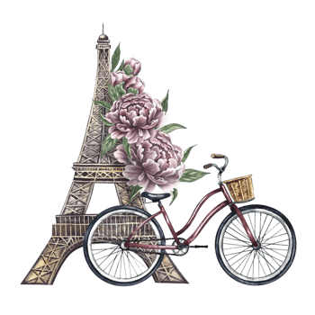 Eiffel Tower and retro bike in vintage colors. A hand-drawn watercolor illustration. A beautiful romantic postcard. Designed for flyers, banners and postcards. For posters, stickers, printing png