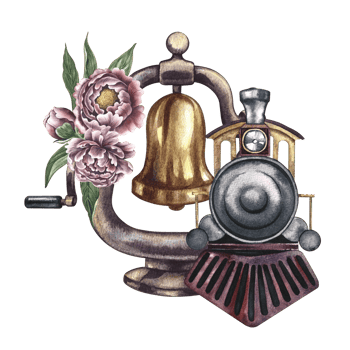 Vintage steam locomotive and locomotive bell decorated with flowers. Handmade watercolor illustration in vintage style. For postcards, badges and emblems for posters, prints or stickers, tickets. png
