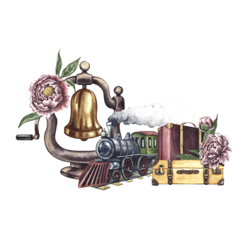 Vintage steam locomotive, suitcases and a steam locomotive bell decorated with flowers. Handmade watercolor illustration. Railway journey on a retro train. For postcards, posters and prints, tickets. png