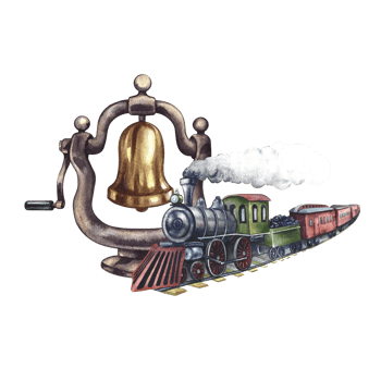 Vintage steam locomotive and steam locomotive bell. Traveling by train. Handmade watercolor illustration in vintage style. For postcards, badges and emblems, posters, prints or stickers, tickets. png