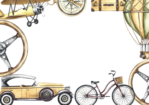 Border frame with vintage transports over land and sky Retro cars, bicycles, airplanes and balloons. A watercolor illustration made by hand. For banner, flyer, poster and printing. For postcards. png