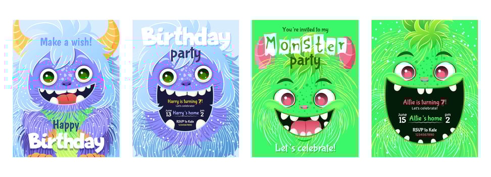 Monster party invitation set. Happy Birthday greeting cards. Festive postcards featuring a fluffy cartoon monster. design with a cute creatures for your celebration event. Layered templates. vector