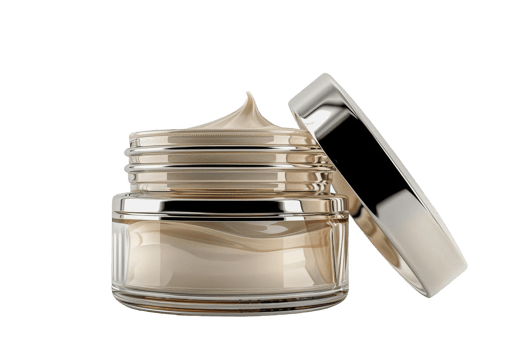 High-quality cosmetic cream in elegant transparent jar with gold lid, perfect for skincare, beauty, and personal care packaging. png