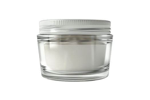Close-up of a clear glass cream jar with a white lid, perfect for skincare, cosmetics, and beauty product packaging. png