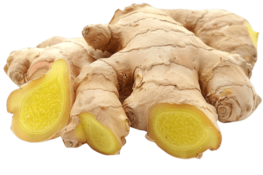 Close-up of fresh ginger root showing a cross-section view. Ideal for food, health, and herbal remedy concepts. png