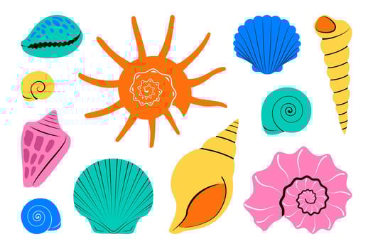 Set of colored sea shells in trendy flat style. Isolated stickers on white background vector