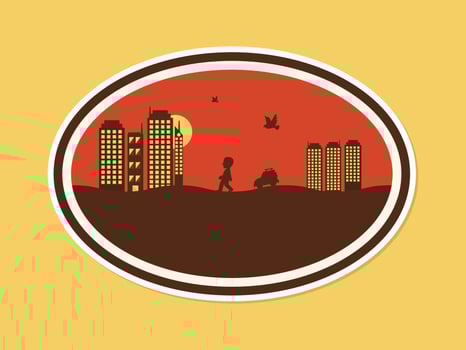 Retro abstract oval shape city at sunset time landscape vector