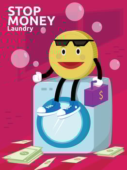 An illustration depicting money laundering with coins sitting on top of a washing machine and scattered money below. vector