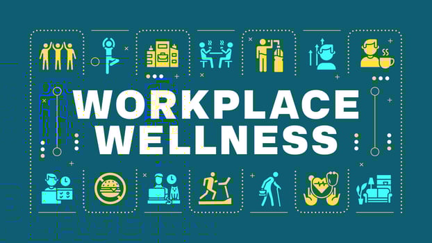 Workplace wellness blue word concept. Health promotion activities. Organizational policy. Visual communication. Artwith lettering text, editable glyph icons vector