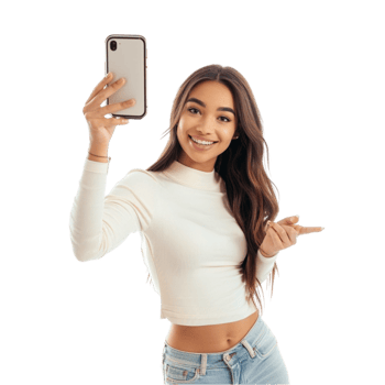 A young woman taking a selfie with her phone on transparent background. png