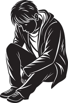 silhouette of a alone person sitting illustration black and white vector