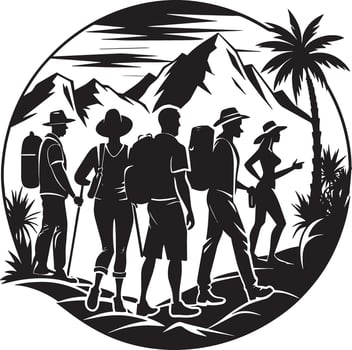 silhouettes of tourist people on the beach illustration black and white vector