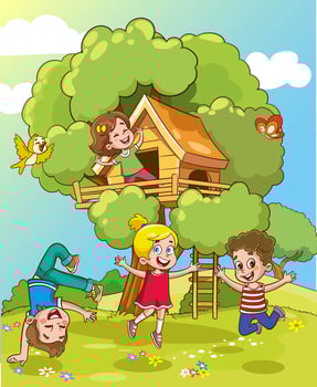 illustration of children playing in tree house. vector