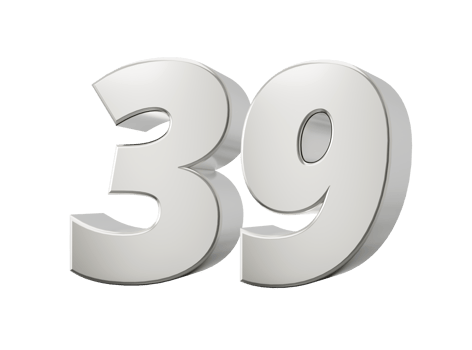Silver 3d numbers 39 Thirty nine. 3d illustration png
