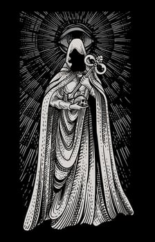 Illustration wizard holding skull with engraving hand drawn style - Eps 10 vector