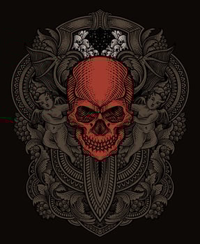 Illustration skull and demon with antique engraving ornament hand drawn - Eps 10 vector