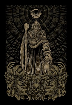 Illustration elder wizard with engraving ornament frame - Eps 10 vector