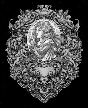 Illustration beautiful lady with antique engraving ornament frame - Eps 10 vector