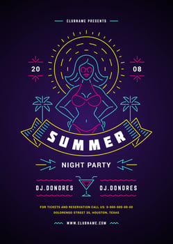 Summer beach party flyer or poster template neon signage lights typography style design. vector