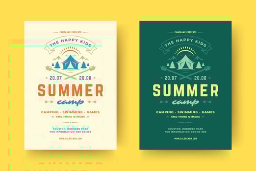 Kids summer camp poster or flyer event retro typography design template and forest lanscape and tent background vector
