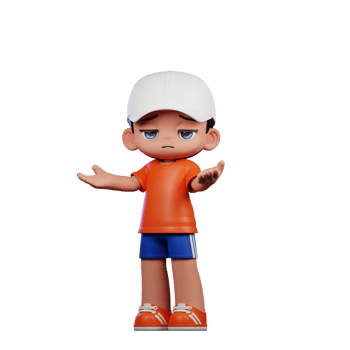 3d Cartoon Boy in Orange Shirt and Blue Shorts with a White Hat Confused Pose png