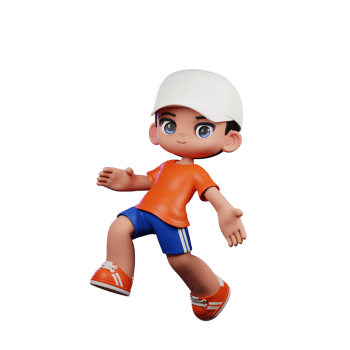 3d Cartoon Boy in Orange Shirt and Blue Shorts with a White Hat Happy Jumping Pose png