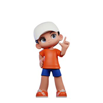 3d Cartoon Boy in Orange Shirt and Blue Shorts with a White Hat Having Idea Pose png