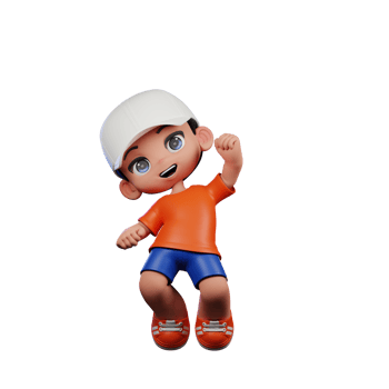 3d Cartoon Boy in Orange Shirt and Blue Shorts with a White Hat Jump Air Happy Pose png