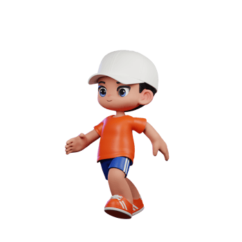 3d Cartoon Boy in Orange Shirt and Blue Shorts with a White Hat Running Pose png