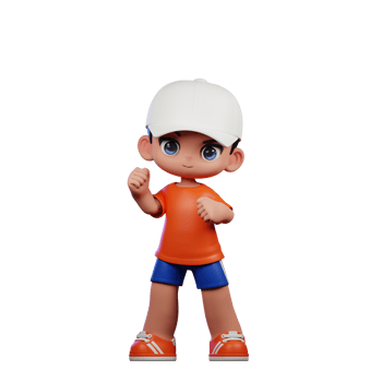 3d Cartoon Boy in Orange Shirt and Blue Shorts with a White Hat Congrats Pose png