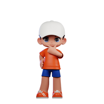 3d Cartoon Boy in Orange Shirt and Blue Shorts with a White Hat Curious Pose png