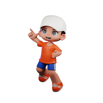 3d Cartoon Boy in Orange Shirt and Blue Shorts with a White Hat Doing Happy Jumping Pose png