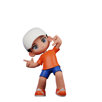 3d Cartoon Boy in Orange Shirt and Blue Shorts with a White Hat Pointing Right Pose png