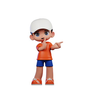 3d Cartoon Boy in Orange Shirt and Blue Shorts with a White Hat Whister to You Pose png