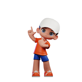 3d Cartoon Boy in Orange Shirt and Blue Shorts with a White Hat Pointing Up Pose png