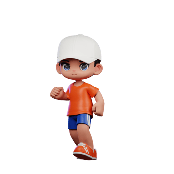 3d Cartoon Boy in Orange Shirt and Blue Shorts with a White Hat Walking Pose png
