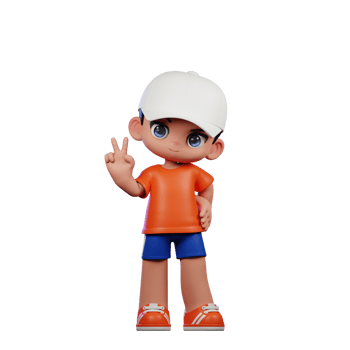 3d Cartoon Boy in Orange Shirt and Blue Shorts with a White Hat Showing Peace Sign Pose png
