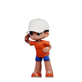 3d Cartoon Boy in Orange Shirt and Blue Shorts with a White Hat Looking Pose png