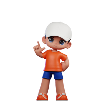 3d Cartoon Boy in Orange Shirt and Blue Shorts with a White Hat Standing Pose png