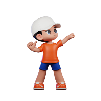 3d Cartoon Boy in Orange Shirt and Blue Shorts with a White Hat Looking VIctorious Pose png