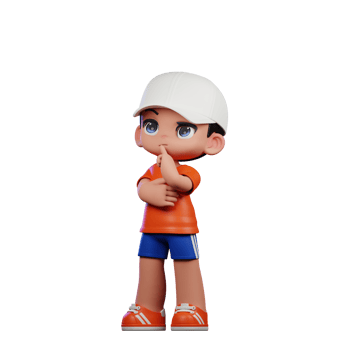 3d Cartoon Boy in Orange Shirt and Blue Shorts with a White Hat Thinking Deeply Pose png