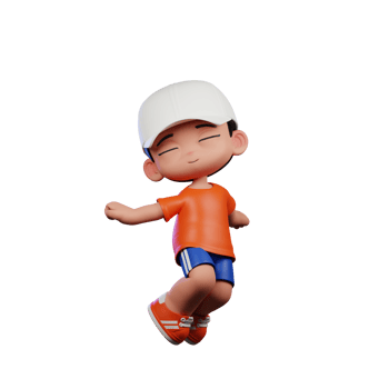 3d Cartoon Boy in Orange Shirt and Blue Shorts with a White Hat Jumping Air Pose png