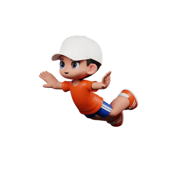 3d Cartoon Boy in Orange Shirt and Blue Shorts with a White Hat Flying Pose png