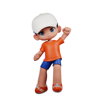 3d Cartoon Boy in Orange Shirt and Blue Shorts with a White Hat Giving Congrats Pose png