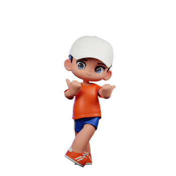 3d Cartoon Boy in Orange Shirt and Blue Shorts with a White Hat Pointing at Side Pose png