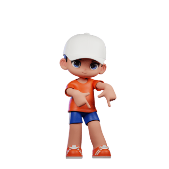 3d Cartoon Boy in Orange Shirt and Blue Shorts with a White Hat Pointing Down Pose png